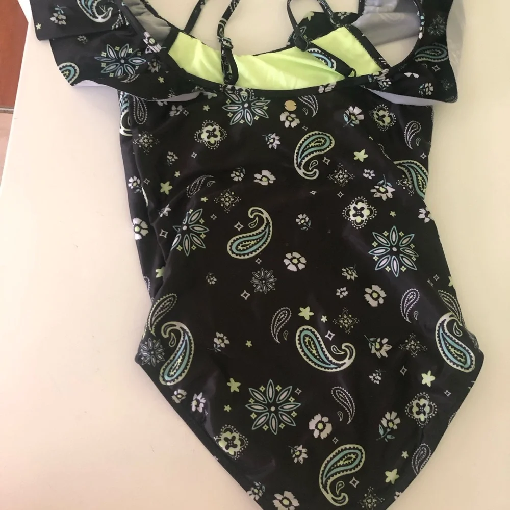 Justice Girls Black & Neon Yellow Paisley Ruffle One Piece Swimsuit